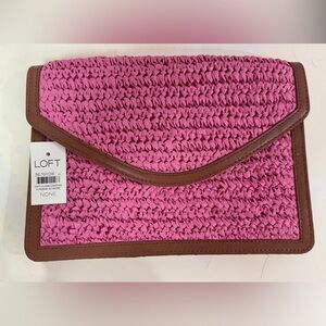 Loft Pink Raffia Woven Clutch with Brown Trim